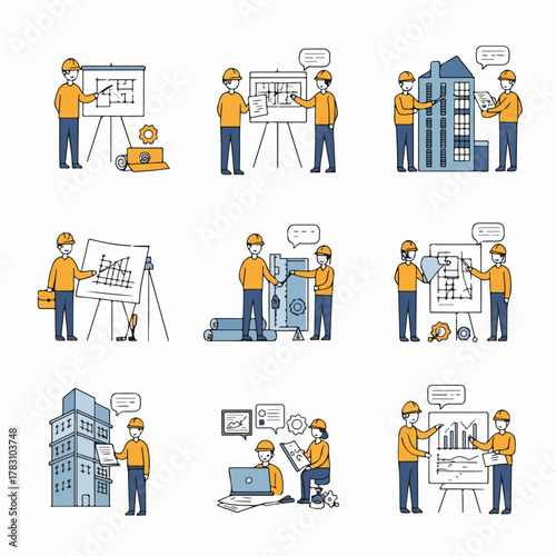 Construction and Architecture Planning Doodle Icons Set. Engineers discussing blueprints, urban development, building design, and project management.
