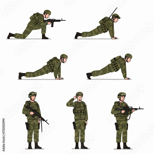 Collection of military soldier poses and actions illustration, depicting combat readiness, physical training, and salute, isolated on white.