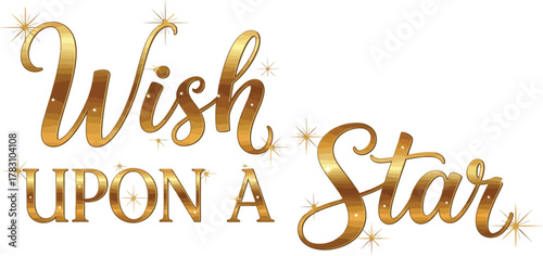Golden wish upon a star text with sparkles on white background