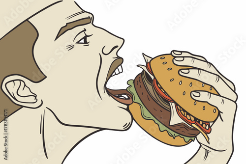 fat man eating a hamburger