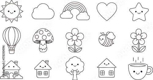 Illustration of cartoon sun cloud rainbow heart and other icons