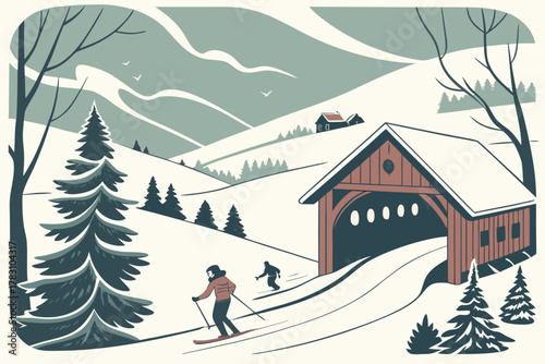 “Stowe Vermont ski slopes and covered bridge, winter vector”
