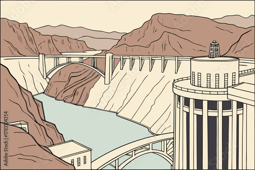 “Boulder City Nevada dam and desert, clean vector”