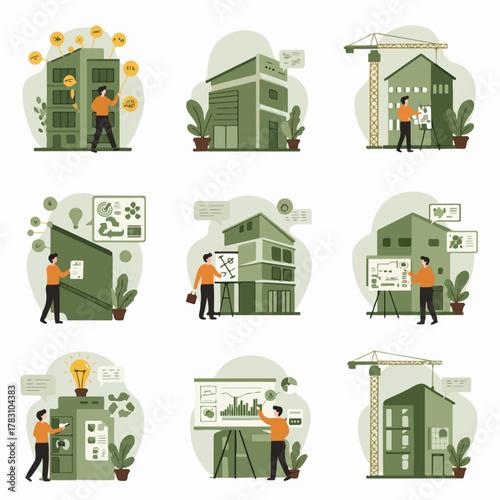 Sustainable Architecture and Green Building Development Concept Set