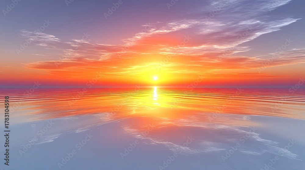 Fototapeta premium Vibrant Orange Sunset Over Calm Ocean Water With Reflective Surface And Wispy Clouds