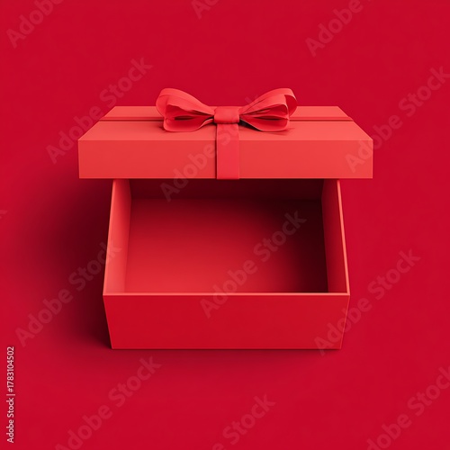 3D red gift box with a bow on top, red background