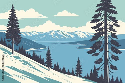 “Lake Tahoe ski slopes and lake view, alpine vector”