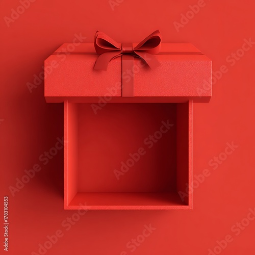 3D red gift box with a bow on top, red background