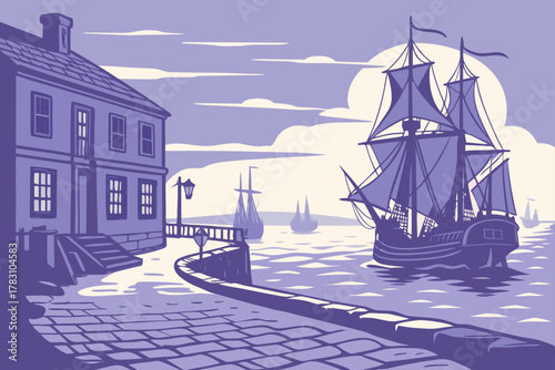 “Mystic Connecticut harbor and historic ships, nautical vector”