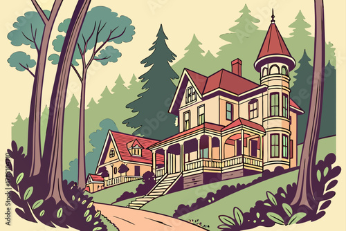 “Eureka Springs Arkansas Victorian homes and forest, romantic vector”