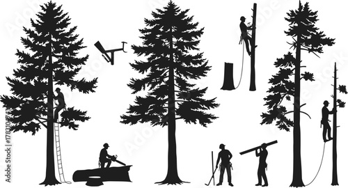 Tree cutting, arborist work, chainsaw operation, rope climbing, branch trimming, forestry maintenance, silhouette illustration, arboriculture tools, outdoor labor, vector scene
