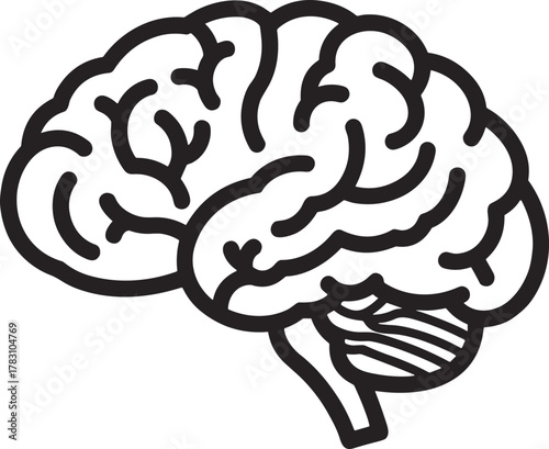 Human brain line drawing, black and white anatomical sketch, cerebral hemisphere and cerebellum, medical science vector, educational biology illustration