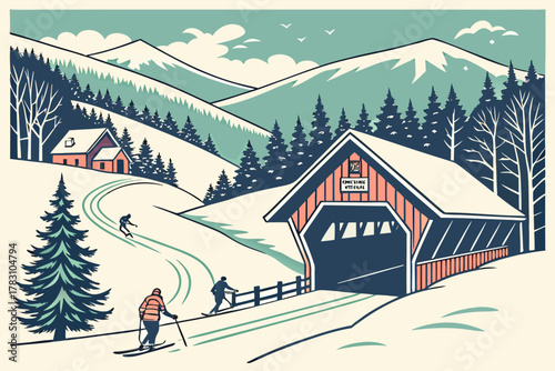 “Stowe Vermont ski slopes and covered bridge, winter vector”
