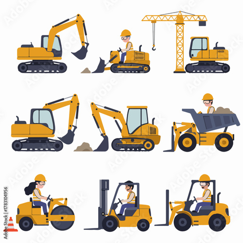 Set of vector illustrations depicting construction site heavy equipment and machinery operators, including excavators, crane, roller, and forklifts.