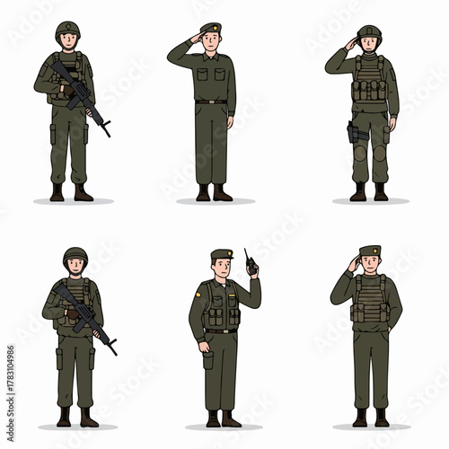 Set of Military Soldiers Vector Characters. Six different army men poses including saluting and holding weapons, isolated on white background.