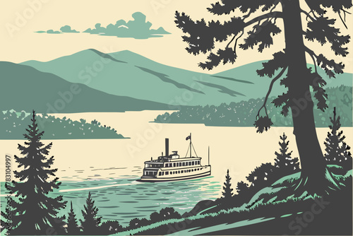 “Lake George with steamboat and Adirondack backdrop, heritage vector”