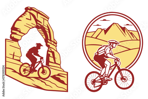 “Moab arches and biking icons, adventure vector”