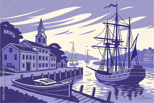 “Mystic Connecticut harbor and historic ships, nautical vector”