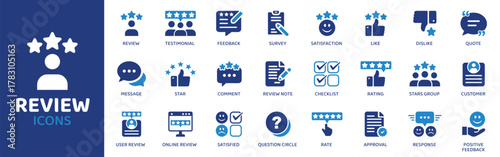 Review - Icon Collection. Thin Line Set contains such Icons as feedback, testimonial, rating, satisfaction, like, dislike, survey, comment, message, customer, quote, and more. Simple web icons set.