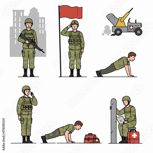 Vector set illustrating soldiers performing various duties: guard, salute, physical training, communication, and defense operations.