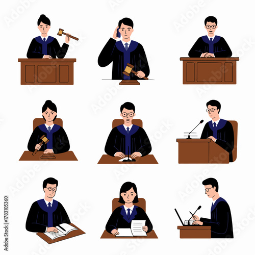 Judicial Professionals Set. Collection of Judges and Magistrates in Robes Working at the Court Bench.
