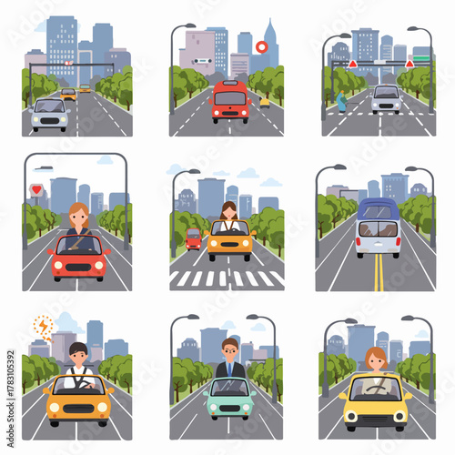 Drivers in city traffic: A collection of vector illustrations showing cars, commuters, and road scenarios in an urban landscape.