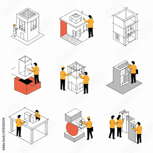 Isometric Vector Set of Architecture and Construction Processes: Architects, Engineers, and Builders Working on Housing and Design Projects.