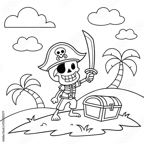 Pirate Skeleton Coloring Page with Island Treasure