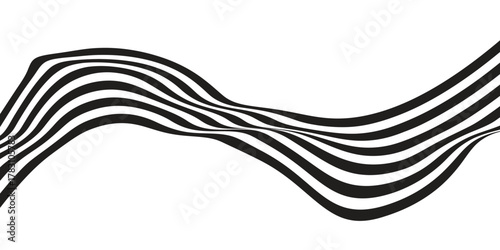 Black and white wavy bent ribbon element. Curved stripe shape background. Liquid abstract line wallpaper. Vector