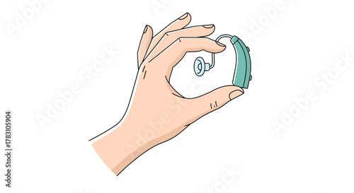 Small hearing aid being held lightly in fingers promotes hearing health, accessibility and inclusivity for the hearing impaired community and well-being