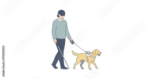 Person with visual impairment walking confidently with guide dog, promoting inclusivity and independence, perfect for accessibility campaigns and disability awareness