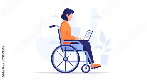 Modern businesswoman working remotely on laptop from wheelchair in bright office creating inclusive digital workspace and dynamic team environment