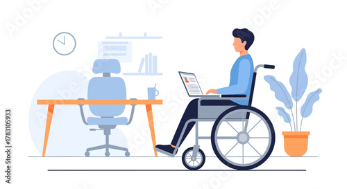 Empowered professional working from home using laptop in wheelchair, illustrating inclusion and accessibility in the modern workplace, promoting diversity