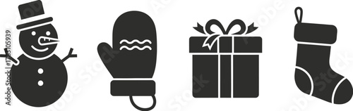 Illustration of snowman mitten gift and stocking on white