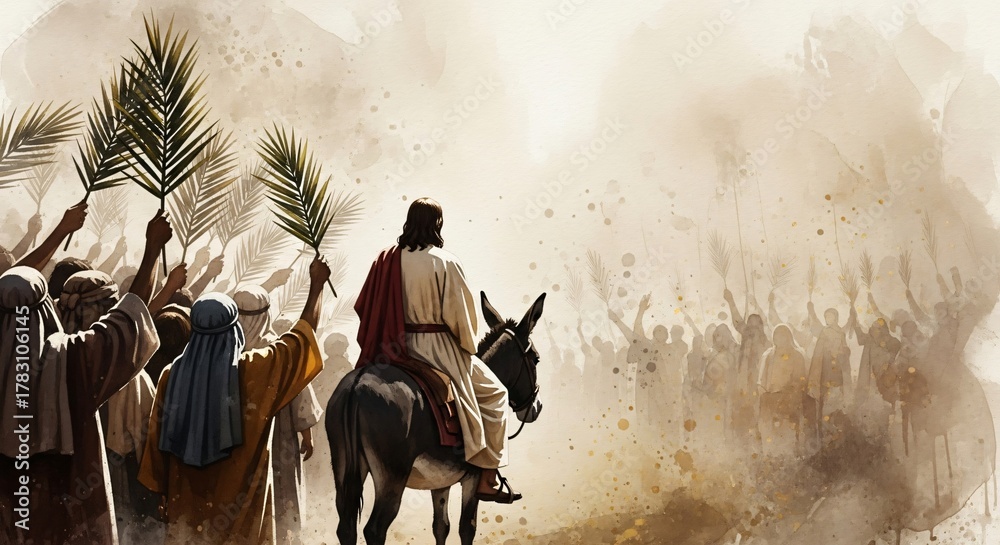 Fototapeta premium Jesus Triumphal Entry into Jerusalem Palm Sunday Biblical Art Christian Faith Illustration