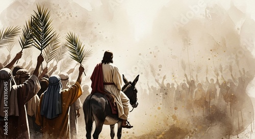 Jesus Triumphal Entry into Jerusalem Palm Sunday Biblical Art Christian Faith Illustration