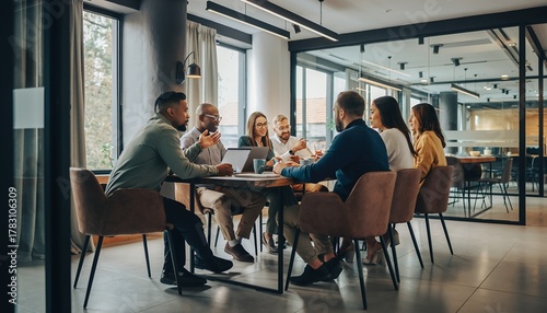 Business Team Meeting in Modern Conference Room with Natural Light and Glass Walls