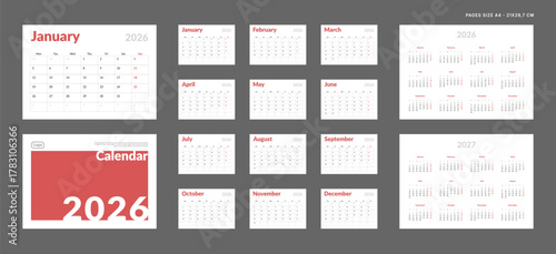 2026 Calendar Planner Set of Template grid Monthly Page, Cover with Place for Photo, Company Logo, Annual 2026, 2027. Vector layout of wall or desk organizer ready print. Week start Monday. Pages A4