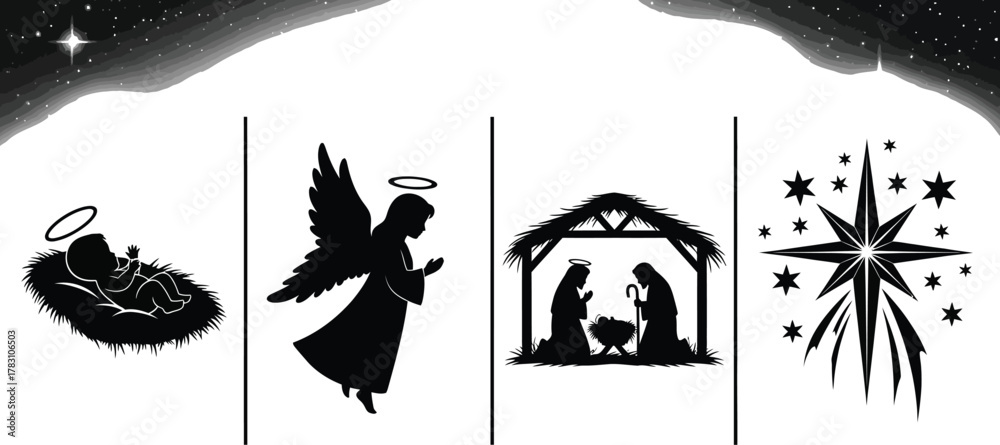 Fototapeta premium Four panels of christmas nativity scene in black and white