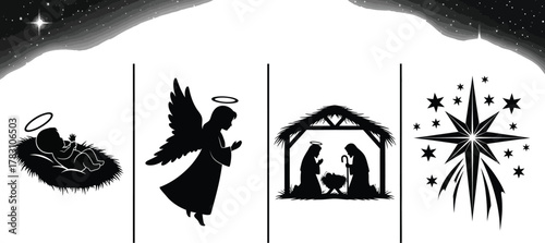 Four panels of christmas nativity scene in black and white