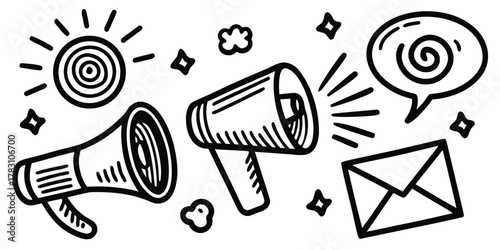 Hand-drawn communication, announcement, marketing, message, and attention doodle icons