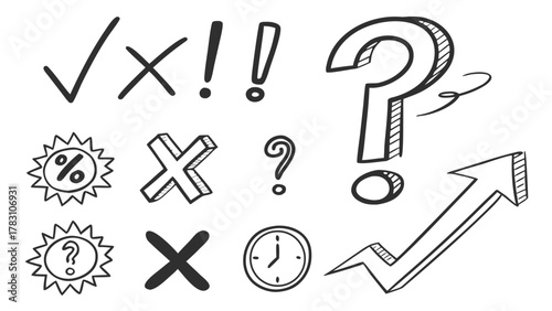 Hand drawn doodles: checkmark, cross, question mark, exclamation, percentage, clock, and arrow set.