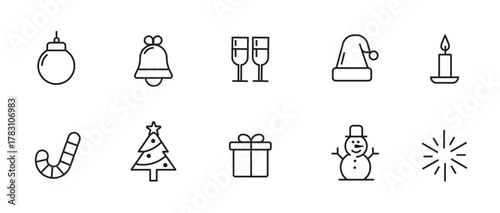Iconos navideños minimalistas en línea — colección vectorial en blanco y negro
