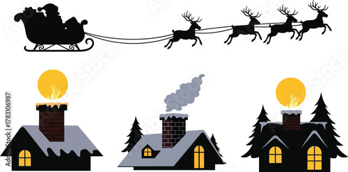 Santa's sleigh flying over houses with chimneys on christmas