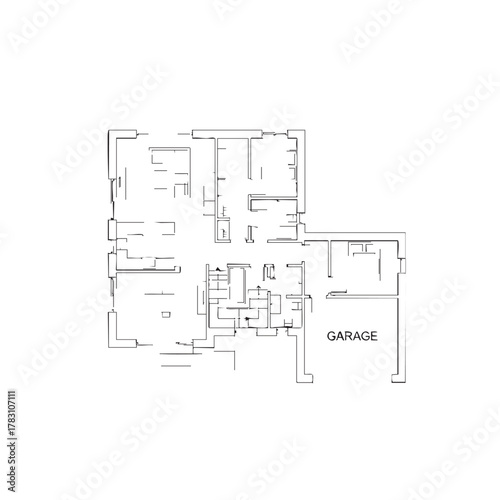 A detailed architectural blueprint showcasing the intricate layout of a modern residential home, complete with multiple rooms and an integrated garage.