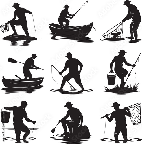 Collection of Fisherman Silhouettes in Various Poses in Vector Format