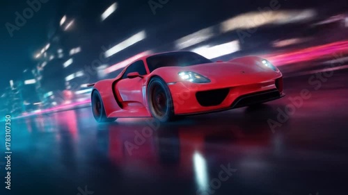 A red futuristic sports car glides on a rain-slick neon city street, reflections streaking across..