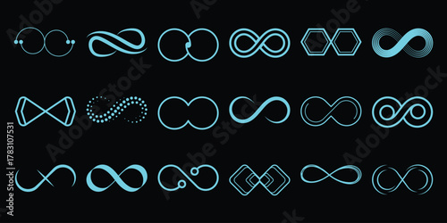 Collection of Diverse Infinity Symbol Designs in Cyan on Black Background