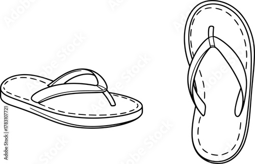 cad drawing flat vector illustration, flip flop sandal technical sketch, summer footwear outline template, casual beach slipper fashion design