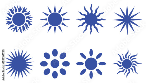 Collection of eight stylized blue sun icons on a white background
